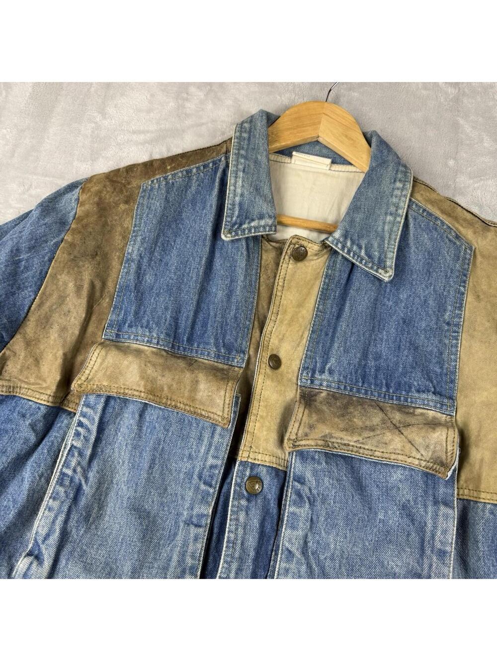 Vintage Guess Georges Marciano Denim Jacket Leather Patchwork Blue USA Mens L - Picture 11 of 11
